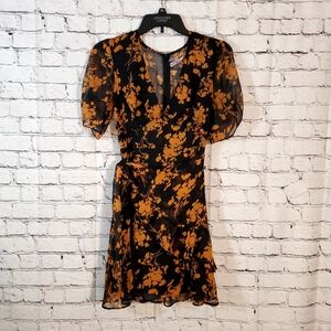 Saints & Secrets Black Orange Floral Chiffon Wrap Dress Short Sleeve Size M